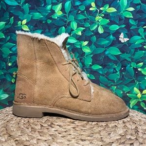 UGG Chestnut Suede Lace-Up Ankle Boots with Shearling Trim